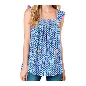 Matilda Jane Blue Printed Wandering Waters Tassel Top Womens Size M